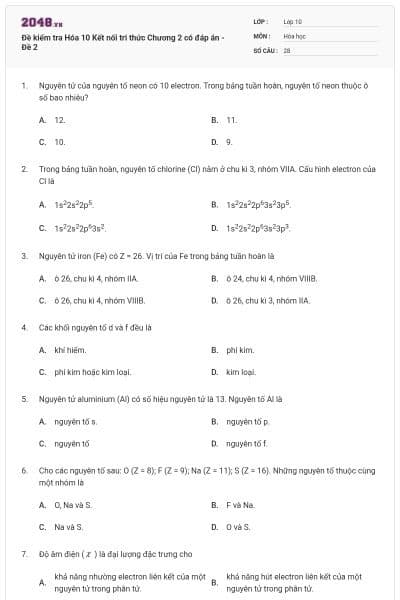 Đề kiểm tra Hóa 10 Kết nối tri thức Chương 2 có đáp án - Đề 2