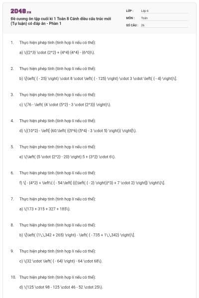 Đề cương ôn tập cuối kì 1 Toán 8 Cánh diều cấu trúc mới (Tự luận) có đáp án - Phần 1