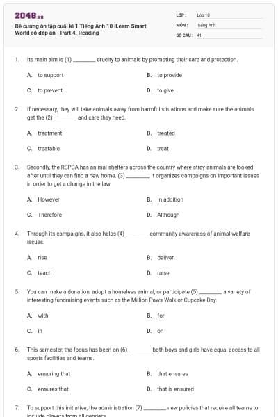 Đề cương ôn tập cuối kì 1 Tiếng Anh 10 iLearn Smart World có đáp án - Part 4. Reading