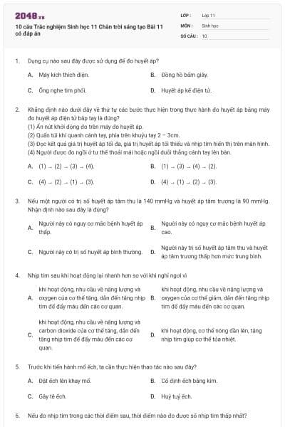 10 câu Trắc nghiệm Sinh học 11 Chân trời sáng tạo Bài 11 có đáp án