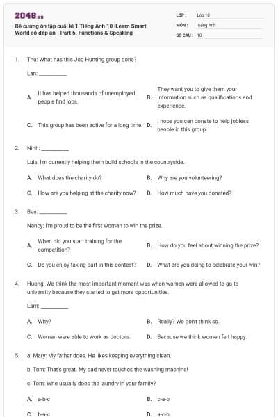 Đề cương ôn tập cuối kì 1 Tiếng Anh 10 iLearn Smart World có đáp án - Part 5. Functions & Speaking