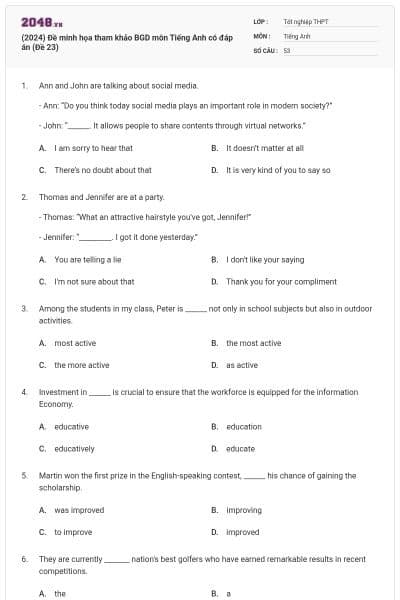 (2024) Đề minh họa tham khảo BGD môn Tiếng Anh có đáp án (Đề 23)