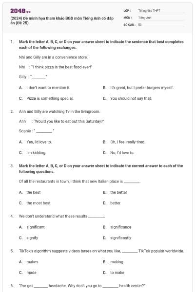 (2024) Đề minh họa tham khảo BGD môn Tiếng Anh có đáp án (Đề 25)