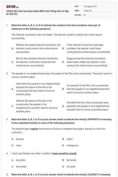 (2024) Đề minh họa tham khảo BGD môn Tiếng Anh có đáp án (Đề 30)