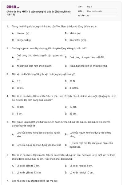 Đề ôn thi hsg KHTN 6 cấp trường có đáp án (Trắc nghiệm) (Đề 13)