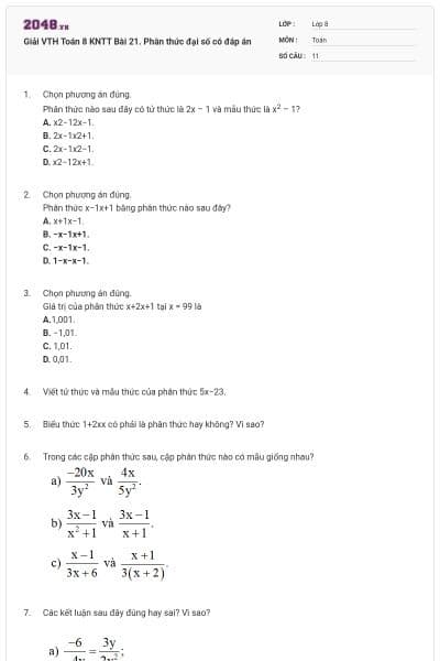 Giải VTH Toán 8 KNTT Bài 21. Phân thức đại số có đáp án