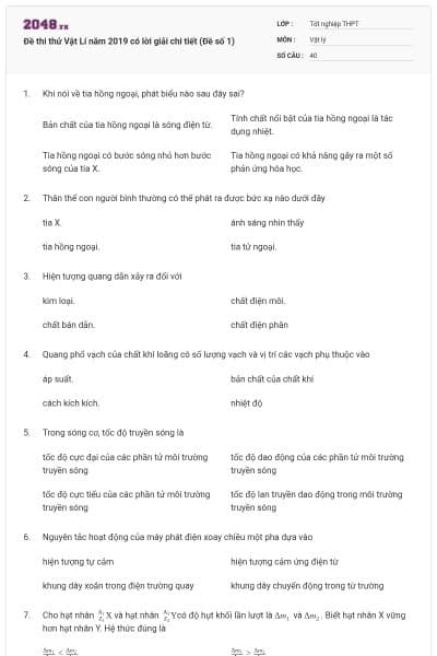 Đề thi thử Vật Lí năm 2019 có lời giải chi tiết (Đề số 1)