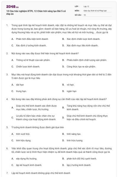 10 Câu trắc nghiệm KTPL 12 Chân trời sáng tạo Bài 5 có đáp án