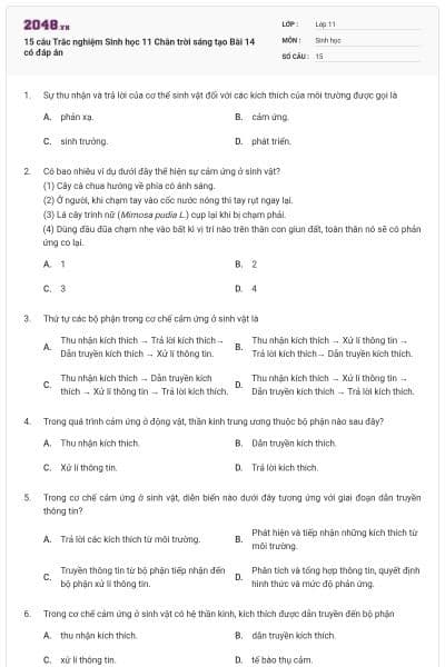 15 câu Trắc nghiệm Sinh học 11 Chân trời sáng tạo Bài 14 có đáp án