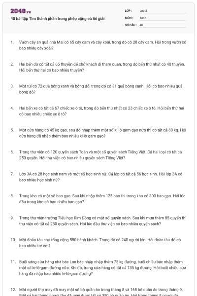 40 bài tập Tìm thành phần trong phép cộng có lời giải