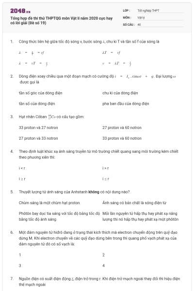 Tổng hợp đề thi thử THPTQG môn Vật lí năm 2020 cực hay có lời giải (Đề số 19)