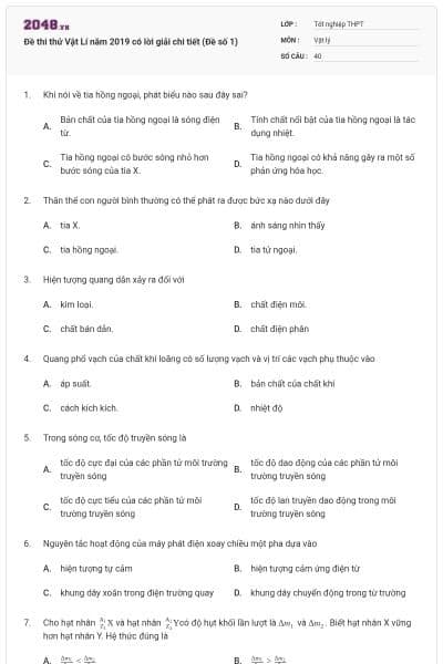 Đề thi thử Vật Lí năm 2019 có lời giải chi tiết (Đề số 1)