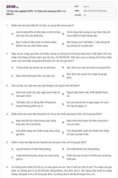 10 Câu trắc nghiệm KTPL 12 Chân trời sáng tạo Bài 7 có đáp án