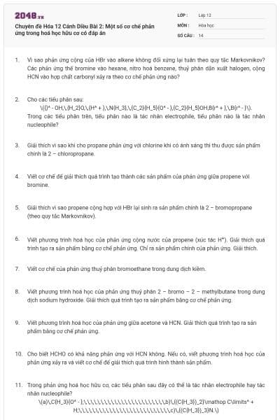 Chuyên đề Hóa 12 Cánh Diều Bài 2: Một số cơ chế phản ứng trong hoá học hữu cơ có đáp án