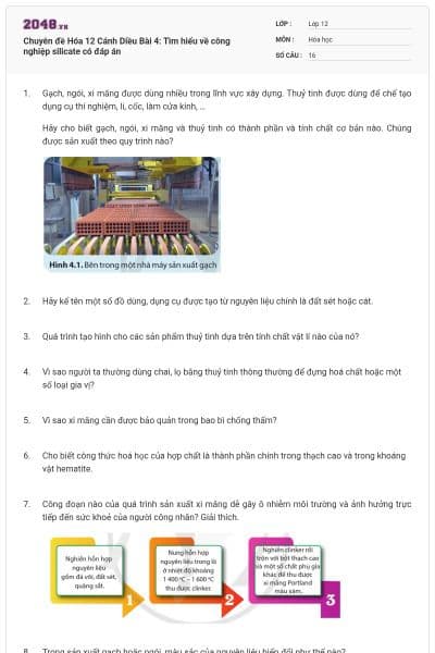 Chuyên đề Hóa 12 Cánh Diều Bài 4: Tìm hiểu về công nghiệp silicate có đáp án