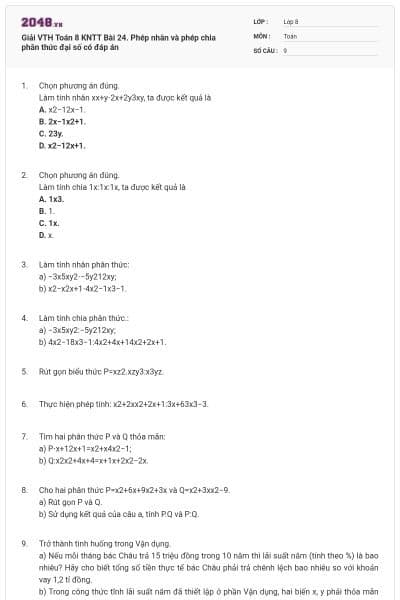 Giải VTH Toán 8 KNTT Bài 24. Phép nhân và phép chia phân thức đại số có đáp án