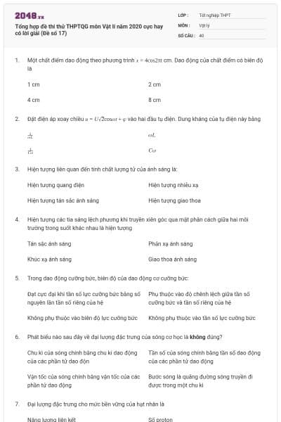 Tổng hợp đề thi thử THPTQG môn Vật lí năm 2020 cực hay có lời giải (Đề số 17)