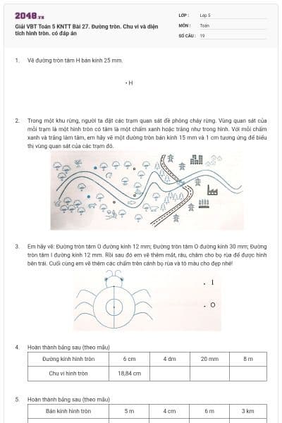 Giải VBT Toán 5 KNTT Bài 27. Đường tròn. Chu vi và diện tích hình tròn. có đáp án