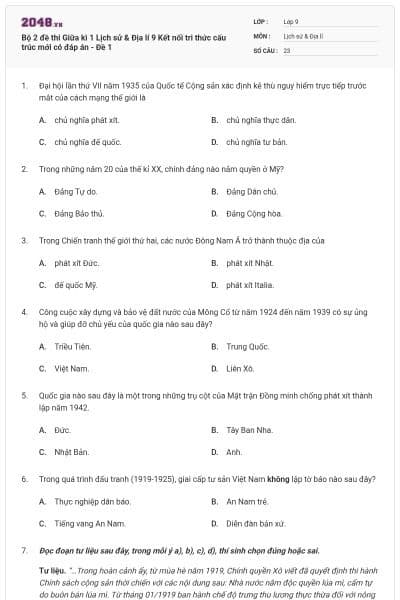 Bộ 2 đề thi Giữa kì 1 Lịch sử & Địa lí 9 Kết nối tri thức cấu trúc mới có đáp án - Đề 1