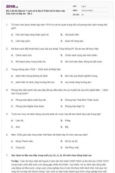 Bộ 2 đề thi Giữa kì 1 Lịch sử & Địa lí 9 Kết nối tri thức cấu trúc mới có đáp án - Đề 2