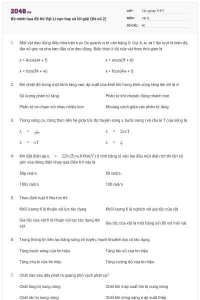 Đề minh họa đề thi Vật Lí cực hay có lời giải (Đề số 2)