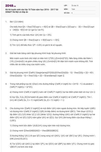 Đề thi tuyển sinh vào lớp 10 Toán năm học 2016 - 2017 Sở GD&ĐT Hà Nội có đáp án