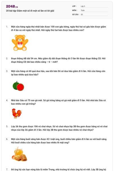 20 bài tập Giảm một số đi một số lần có lời giải