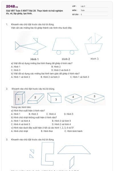 Giải VBT Toán 5 KNTT Bài 28. Thực hành và trải nghiệm đo, vẽ, lắp ghép, tạo hình.