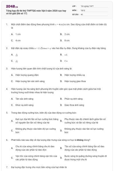 Tổng hợp đề thi thử THPTQG môn Vật lí năm 2020 cực hay có lời giải (Đề số 17)