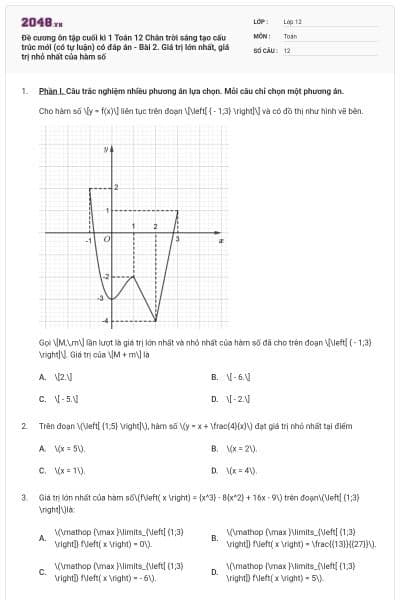 Đề cương ôn tập cuối kì 1 Toán 12 Chân trời sáng tạo cấu trúc mới (có tự luận) có đáp án - Bài 2. Giá trị lớn nhất, giá trị nhỏ nhất của hàm số