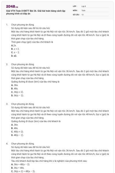 Giải VTH Toán 8 KNTT Bài 26. Giải bài toán bằng cách lập phương trình có đáp án