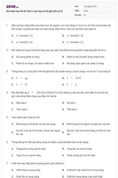 Đề minh họa đề thi Vật Lí cực hay có lời giải (Đề số 2)