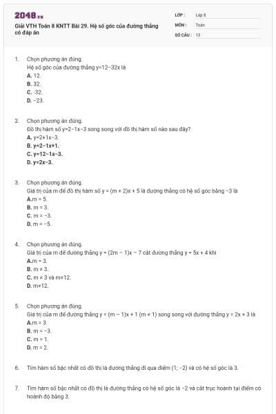 Giải VTH Toán 8 KNTT Bài 29. Hệ số góc của đường thẳng có đáp án