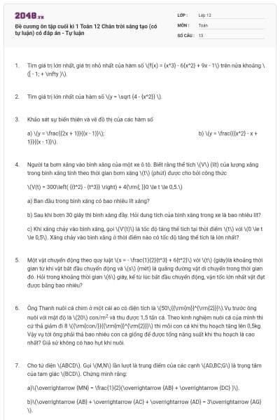 Đề cương ôn tập cuối kì 1 Toán 12 Chân trời sáng tạo (có tự luận) có đáp án - Tự luận