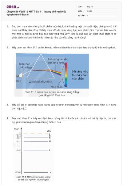 Chuyên đề Vật lí 12 KNTT Bài 11. Quang phổ vạch của nguyên tử có đáp án