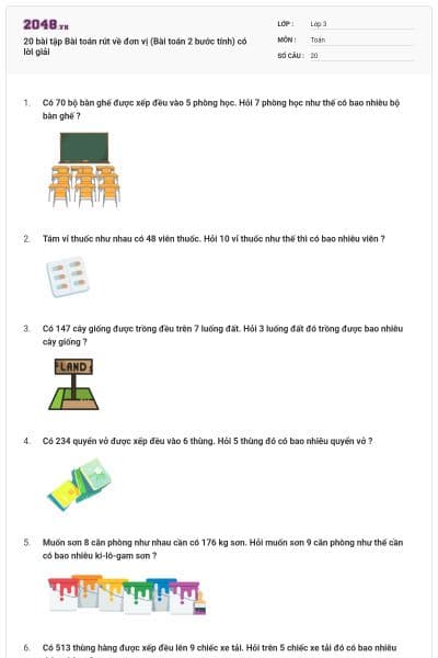 20 bài tập Bài toán rút về đơn vị (Bài toán 2 bước tính) có lời giải