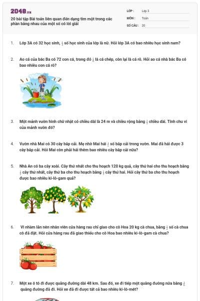 20 bài tập Bài toán liên quan đến dạng tìm một trong các phần bằng nhau của một số có lời giải