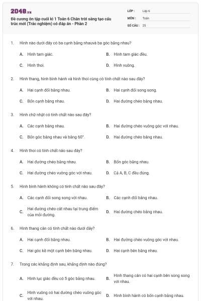 Đề cương ôn tập cuối kì 1 Toán 6 Chân trời sáng tạo cấu trúc mới (Trắc nghiệm) có đáp án - Phần 2