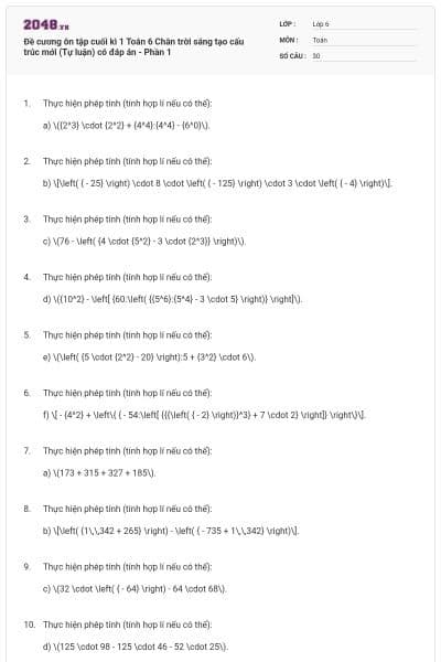 Đề cương ôn tập cuối kì 1 Toán 6 Chân trời sáng tạo cấu trúc mới (Tự luận) có đáp án - Phần 1