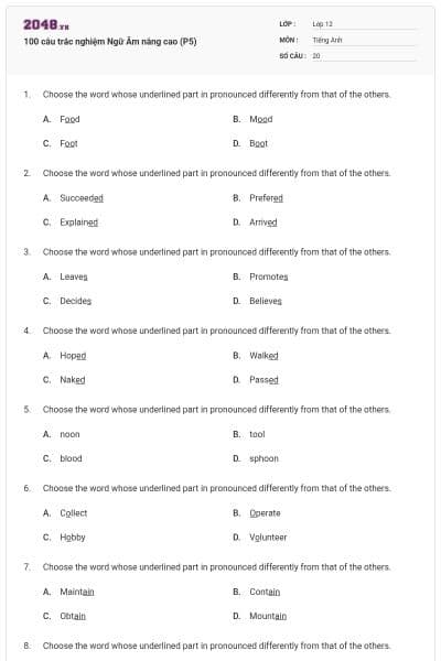 100 câu trắc nghiệm Ngữ Âm nâng cao (P5)