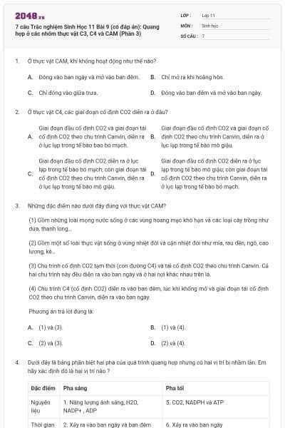 7 câu  Trắc nghiệm Sinh Học 11 Bài 9 (có đáp án): Quang hợp ở các nhóm thực vật C3, C4 và CAM (Phần 3)