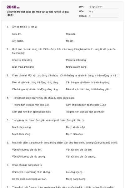 Đề luyện thi thpt quốc gia môn Vật Lý cực hay có lời giải (đề 6)