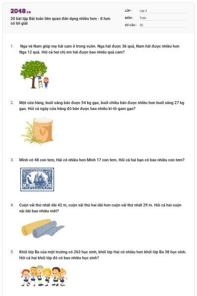 20 bài tập Bài toán liên quan đến dạng nhiều hơn - ít hơn có lời giải