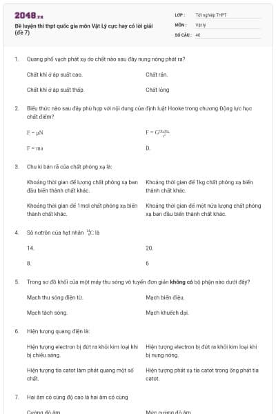Đề luyện thi thpt quốc gia môn Vật Lý cực hay có lời giải (đề 7)