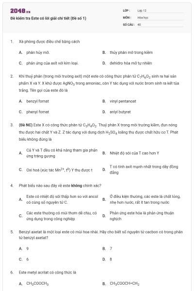 Đề kiểm tra Este có lời giải chi tiết (Đề số 1)