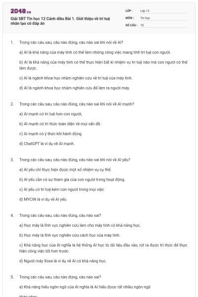 Giải SBT Tin học 12 Cánh diều Bài 1. Giới thiệu về trí tuệ nhân tạo có đáp án