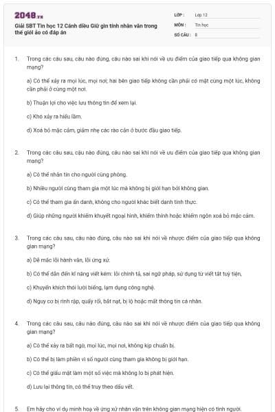 Giải SBT Tin học 12 Cánh diều Giữ gìn tính nhân văn trong thế giới ảo có đáp án