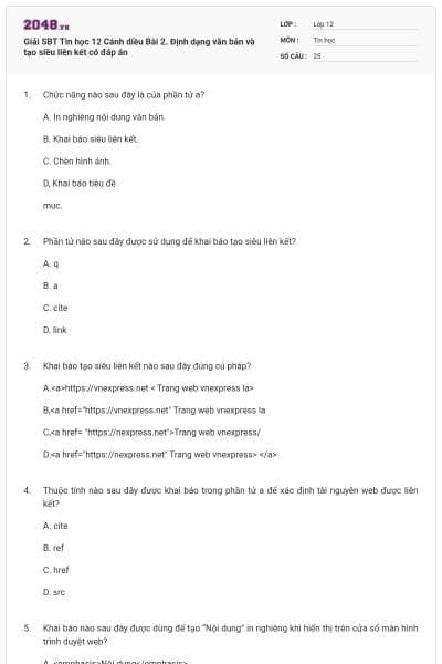 Giải SBT Tin học 12 Cánh diều Bài 2. Định dạng văn bản và tạo siêu liên kết có đáp án