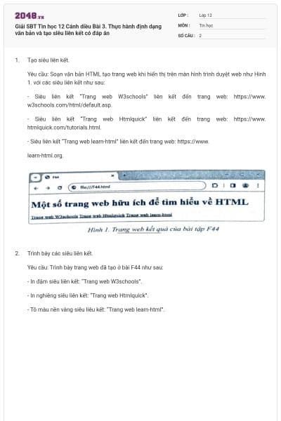 Giải SBT Tin học 12 Cánh diều Bài 3. Thực hành định dạng văn bản và tạo siêu liên kết có đáp án