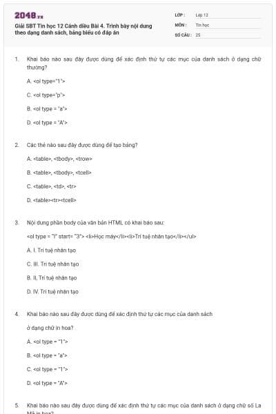 Giải SBT Tin học 12 Cánh diều Bài 4. Trình bày nội dung theo dạng danh sách, bảng biểu có đáp án